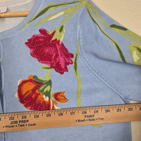Quacker Factory Cardigan Sweater sz L Blue Multi Floral 100% Cotton Rhinestones - Picture 11 of 13